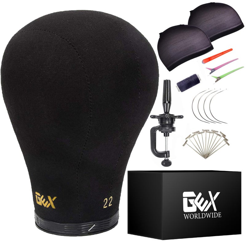 GEX 2024 Canvas Cork Wig Block Mannequin Head for Wig Making Drying Styling Display with Table C Clamp Stand Holder Black 22