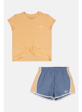Reebok Kids Girl 2 Pieces Brand Logo Twist Top and Short Set, Dark Peach/Grey  - Image 1