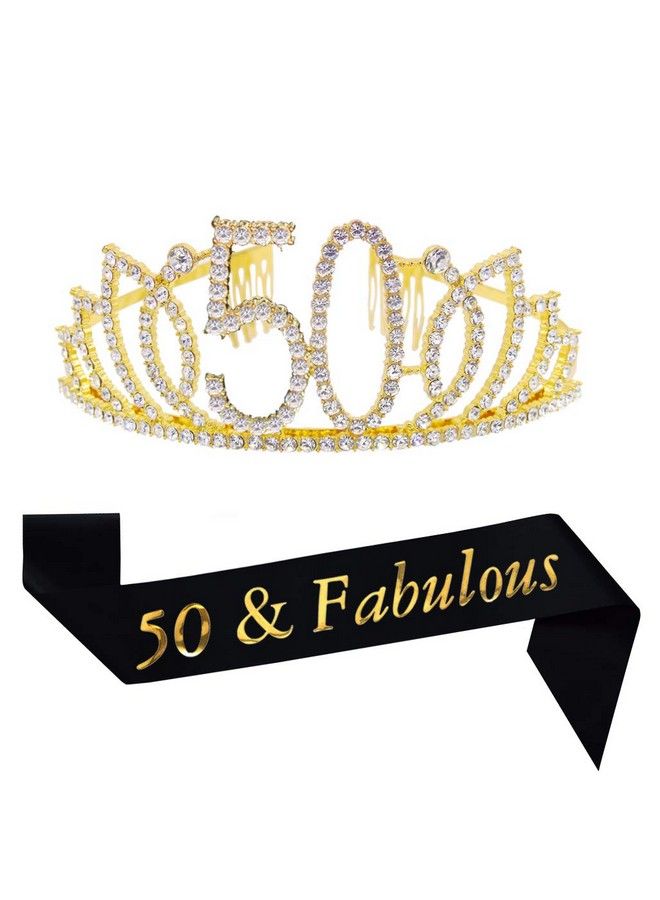 Mayin 50Th Birthday Kit Gold Tiara And Sash Glitter Satin Sash And Crystal Rhinestone Tiara Crown For Happy 50Th Birthday Party Supplies Favors Decorations 50Th Birthday Party Accessories - Image 1