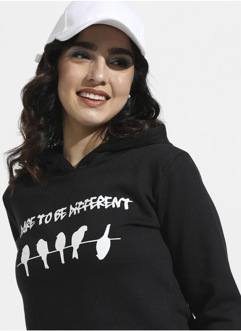 Campus Sutra Women's Black Too Be Different Cropped Hoodie