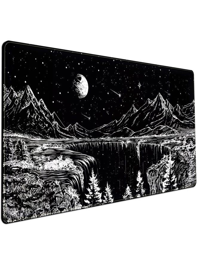 Mechanical Cattle Black and White Desk Mat Dark Nature Forest Mouse pad XXL Starry Night Mountain Desk pad Aesthetic Moon and Stars Mousepad XXL for Laptop Computer Mouse Gaming Keyboard Mat, 31.5 X 15.8 in - Image 1