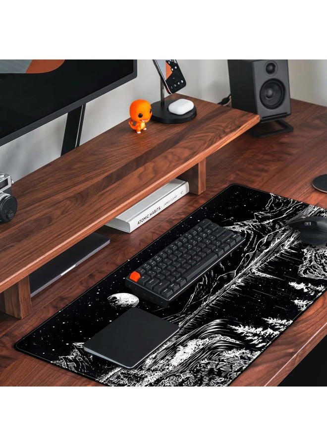 Mechanical Cattle Black and White Desk Mat Dark Nature Forest Mouse pad XXL Starry Night Mountain Desk pad Aesthetic Moon and Stars Mousepad XXL for Laptop Computer Mouse Gaming Keyboard Mat, 31.5 X 15.8 in - Image 5