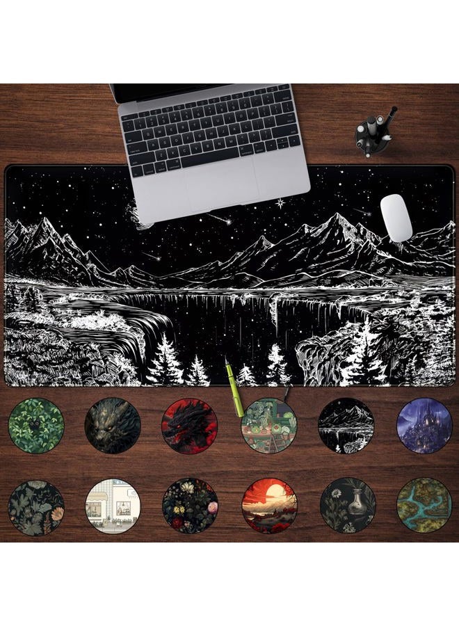 Mechanical Cattle Black and White Desk Mat Dark Nature Forest Mouse pad XXL Starry Night Mountain Desk pad Aesthetic Moon and Stars Mousepad XXL for Laptop Computer Mouse Gaming Keyboard Mat, 31.5 X 15.8 in - Image 2