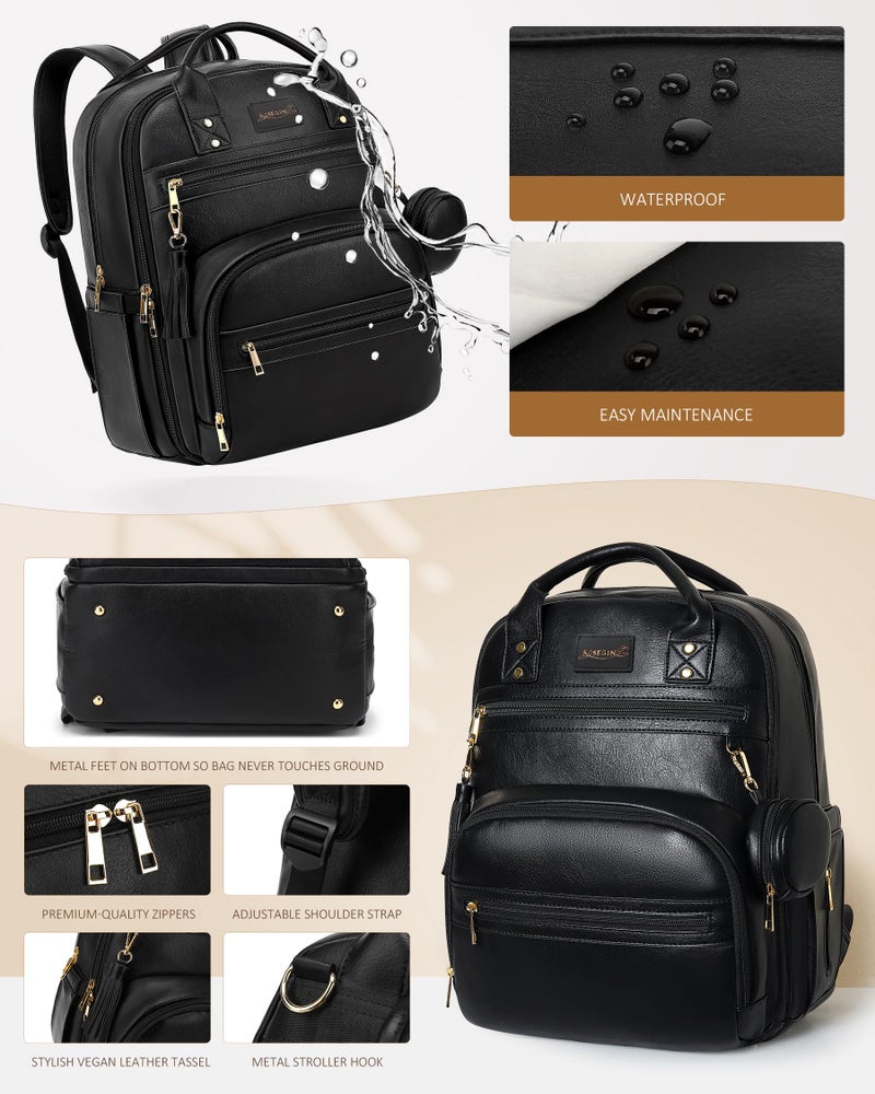 ROSEGIN Premium Vegan Leather Diaper Bag Backpack with Waterproof Changing Pad, Reinforced Zippers & Odor-Free, 20 Pockets Pro Organizer, Fits 15.6" Laptop, Stroller Straps, Baby Bag for Mom, Black - Image 5