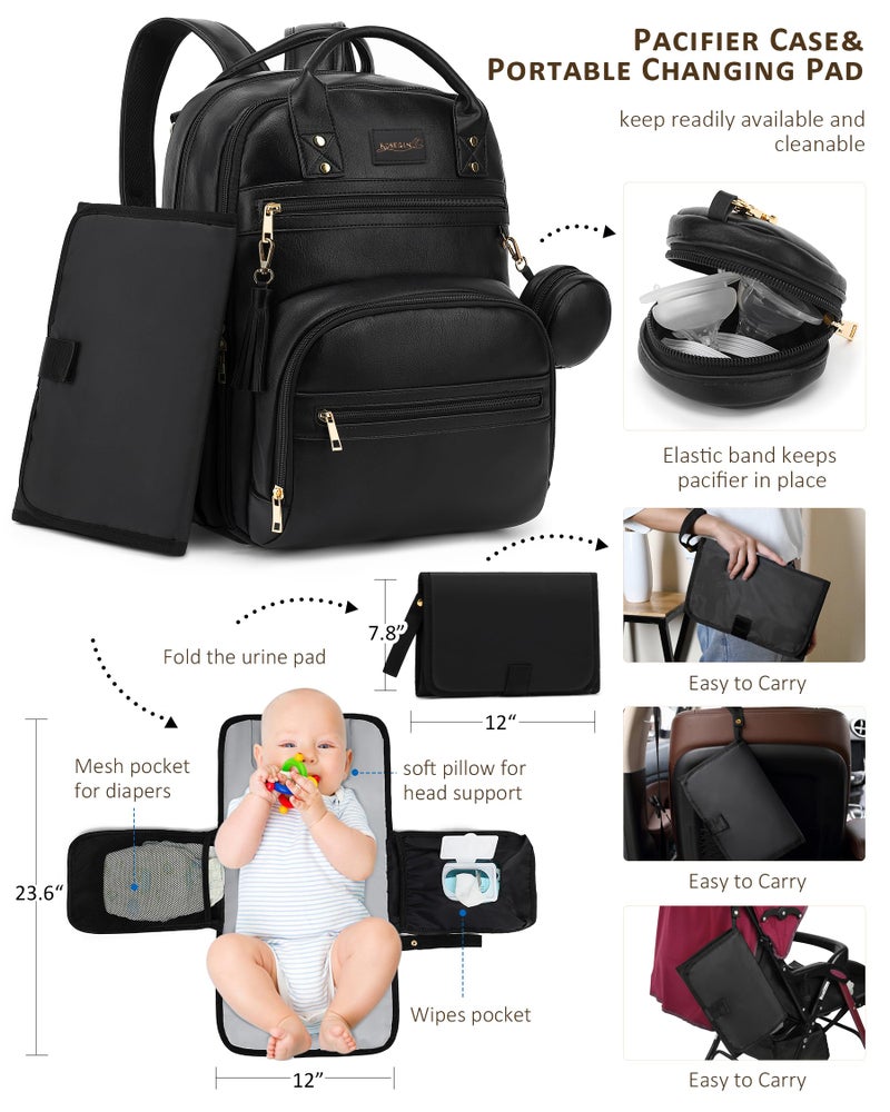 ROSEGIN Premium Vegan Leather Diaper Bag Backpack with Waterproof Changing Pad, Reinforced Zippers & Odor-Free, 20 Pockets Pro Organizer, Fits 15.6" Laptop, Stroller Straps, Baby Bag for Mom, Black - Image 4
