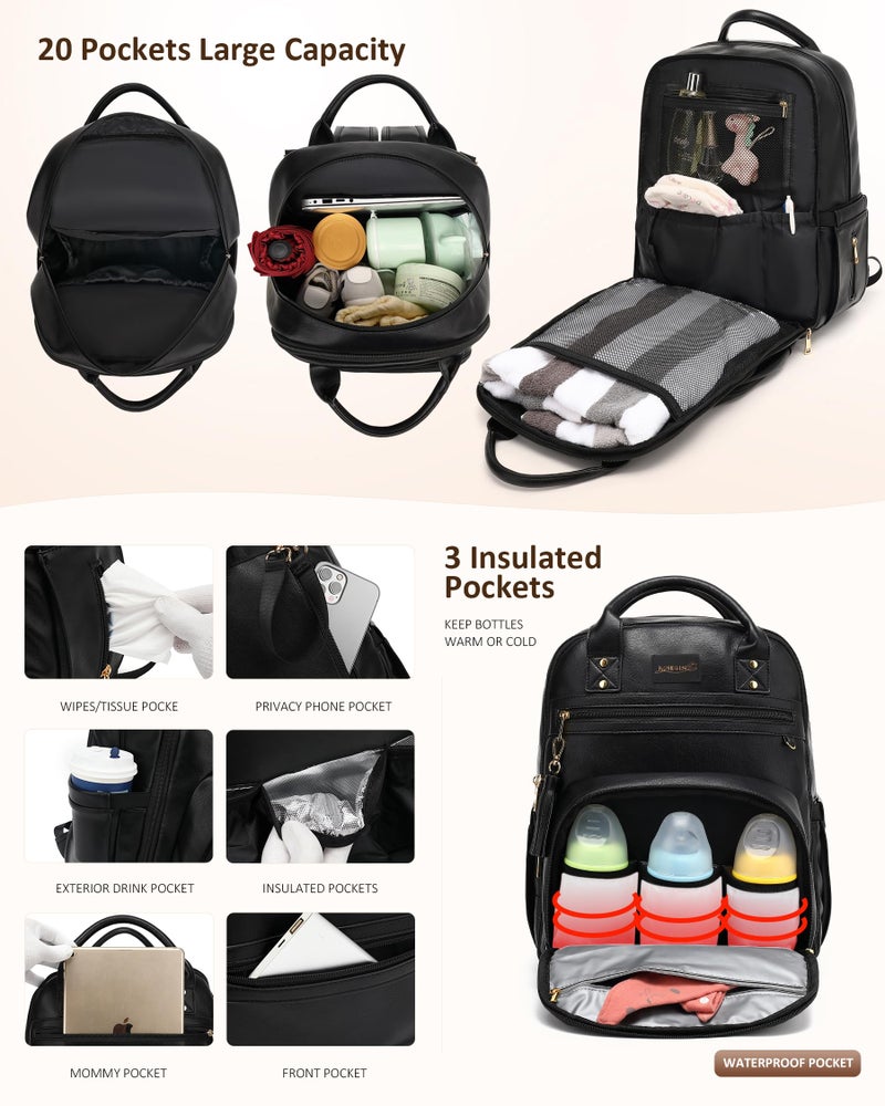 ROSEGIN Premium Vegan Leather Diaper Bag Backpack with Waterproof Changing Pad, Reinforced Zippers & Odor-Free, 20 Pockets Pro Organizer, Fits 15.6" Laptop, Stroller Straps, Baby Bag for Mom, Black - Image 2