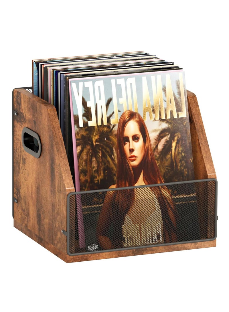 LENND Record Storage, Record Box Case Crate, Vinyl Record Album Holder, Desktop Metal & Wooden LP Record Crate, Holds up to 60 Records - Image 1