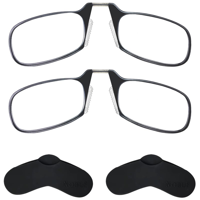 Noble Ultra Slim and Flat Reading Glasses Thin and Flexible Armless 2 Pairs Enhanced Comfort Nose Rest Armless Pocket Size Readers with 2 Stickon Silicone Case Holder Black 250