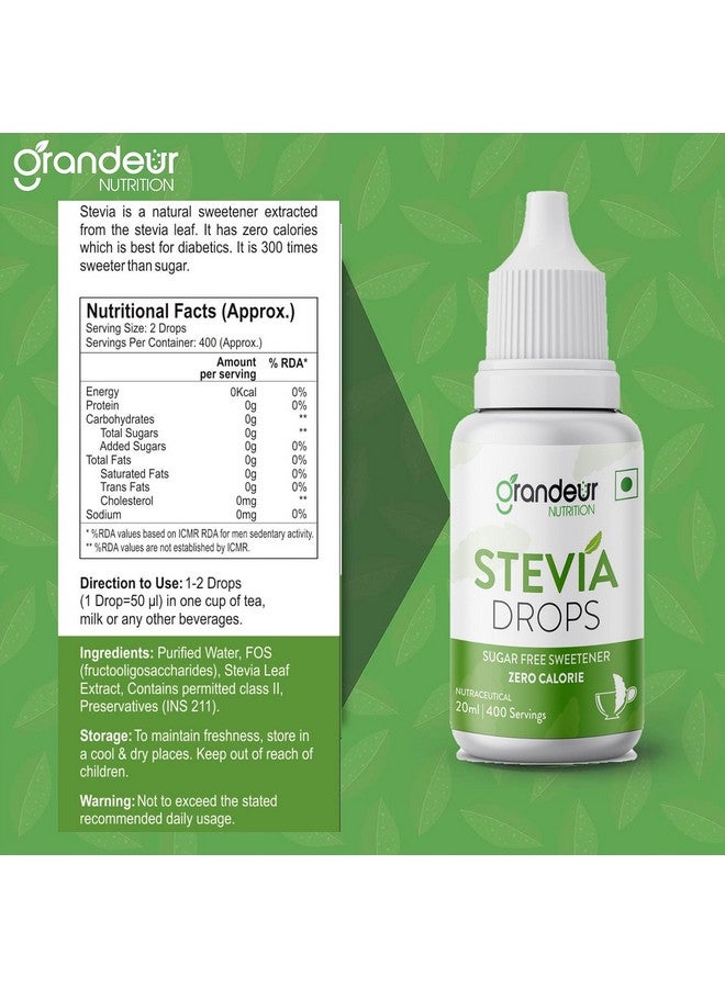 GRANDEUR قطرات ستيفيا خالية من السكر من غراندور زيرو كولوري، بدون مالتيوديكسترين وديكستروز، لنظام كيتو ووزن المراقبين، بديل السكر - 40 مل (800 حصة) (عبوة من 2) - Image 2
