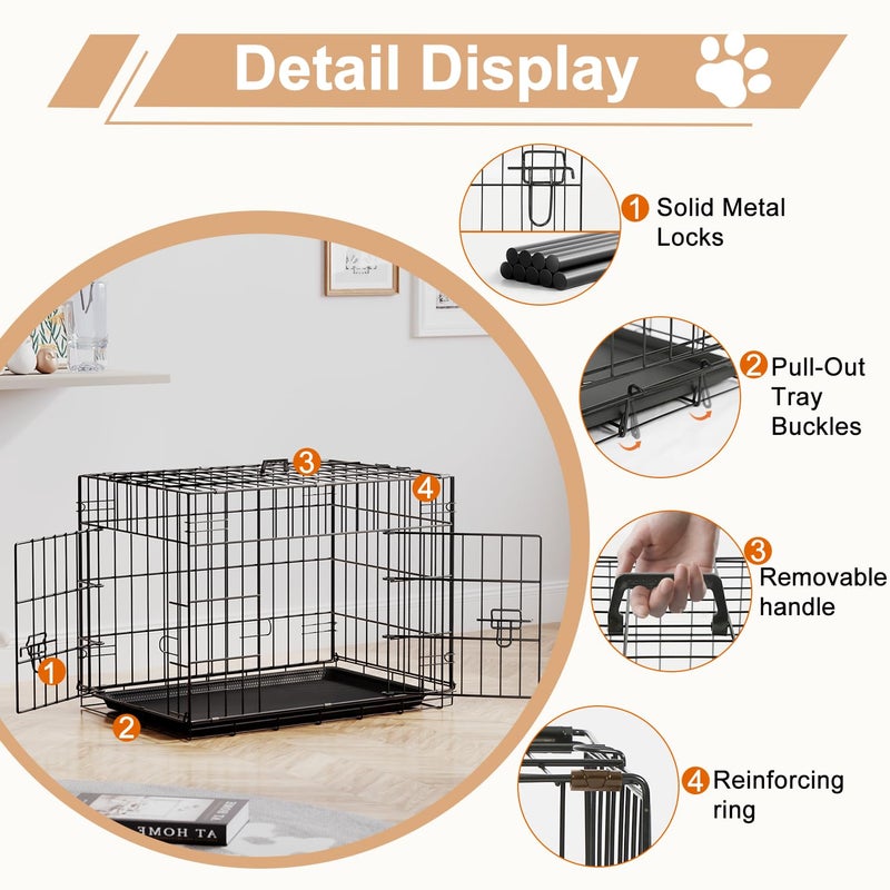FDW 24inch Dog Crate Pet Cage with Metal Folding Design Plastic Tray Indoor Outdoor Dog Kennel Cage for Small Dogs,Black - Image 3