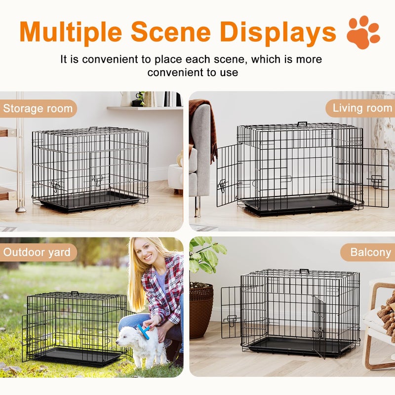 FDW 24inch Dog Crate Pet Cage with Metal Folding Design Plastic Tray Indoor Outdoor Dog Kennel Cage for Small Dogs,Black - Image 4