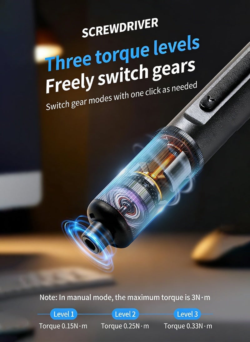 FDTY مجموعة مفكات كهربائية دقيقة 25 في 1، تخزين مغناطيسي، عزم دوران أقصى 0.33 نيوتن متر، ضوء LED مدمج، قابلة لإعادة الشحن عبر USB-C، مفك كهربائي صغير لإصلاح الهواتف والكمبيوترات المحمولة والكاميرات - Image 2