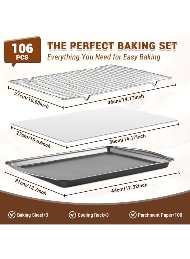 BEWOS 106 Pcs Baking Sheet Pans & Racks Set - Including 3 Pcs Carbon Steel Baking Sheet, 3 Pcs Stainless Steel Cooling Racks, 100 Parchment Papers, Heavy Duty Nonstick Bakeware sets for Baking - Image 2