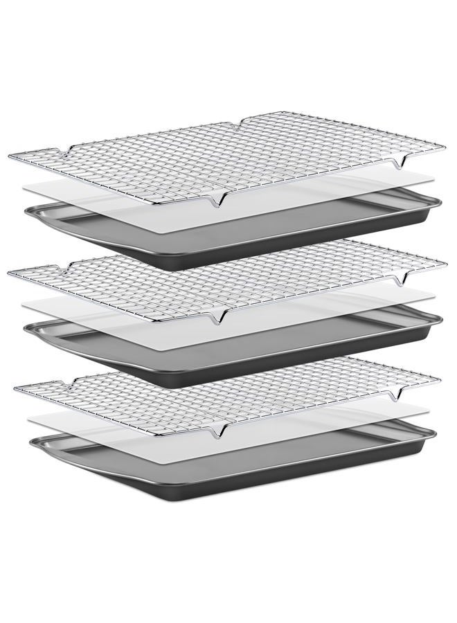 BEWOS 106 Pcs Baking Sheet Pans & Racks Set - Including 3 Pcs Carbon Steel Baking Sheet, 3 Pcs Stainless Steel Cooling Racks, 100 Parchment Papers, Heavy Duty Nonstick Bakeware sets for Baking - Image 1