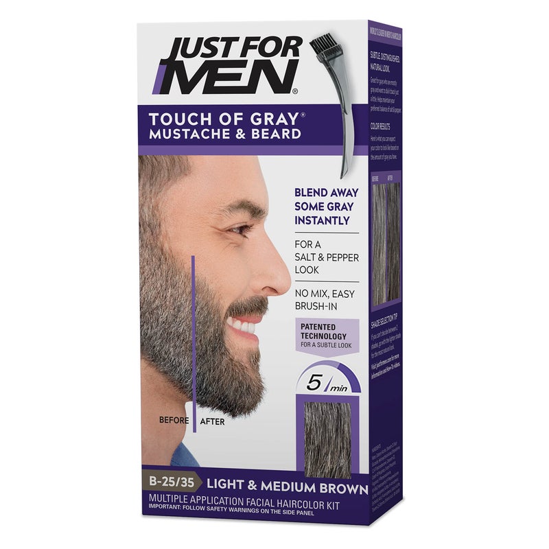 Just For Men Touch of Gray Mustache & Beard, Beard Coloring for Gray Hair with Brush Included for Easy Application, Great for a Salt and Pepper Look - Light & Medium Brown, B-25/35, Pack of 1 - Image 1