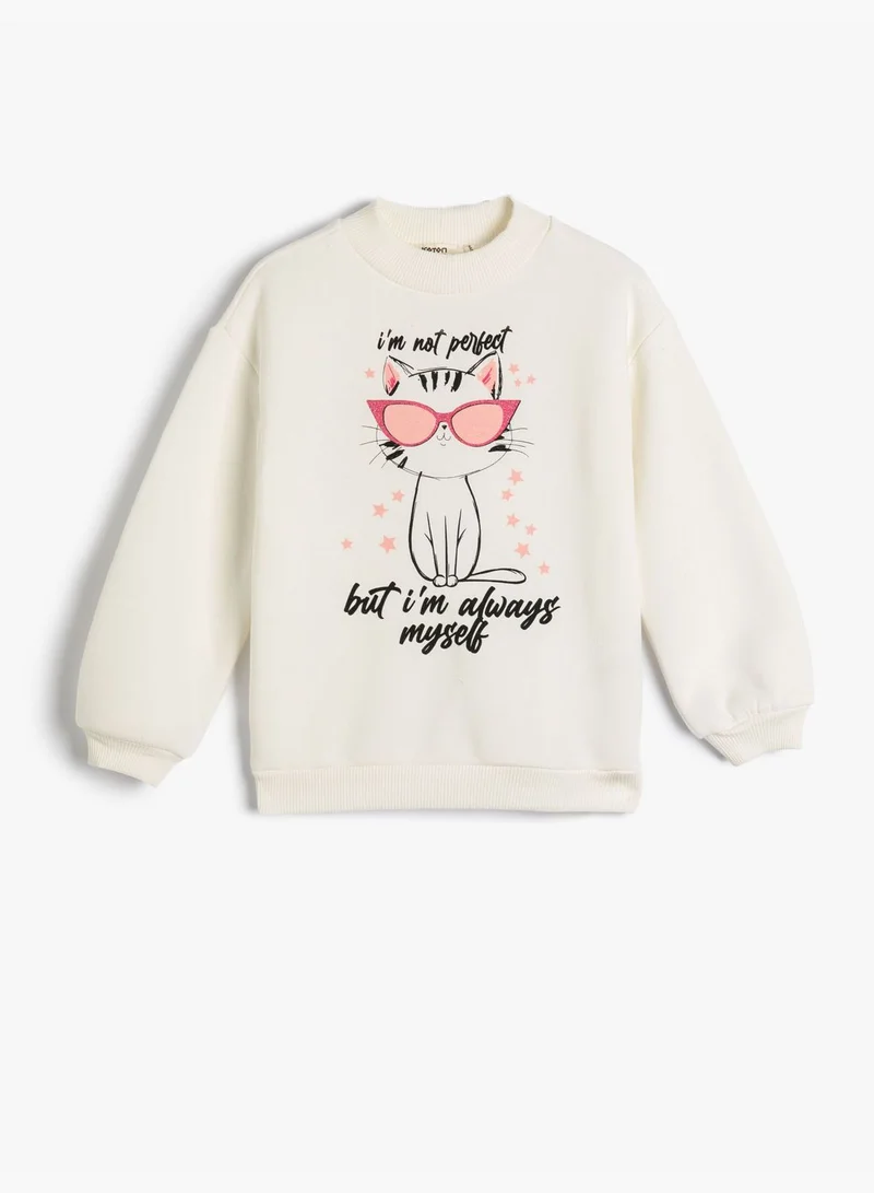 KOTON Sweatshirt Long Sleeve Cat Printed Crew Neck Brushed Interior