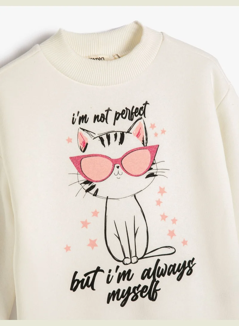 KOTON Sweatshirt Long Sleeve Cat Printed Crew Neck Brushed Interior