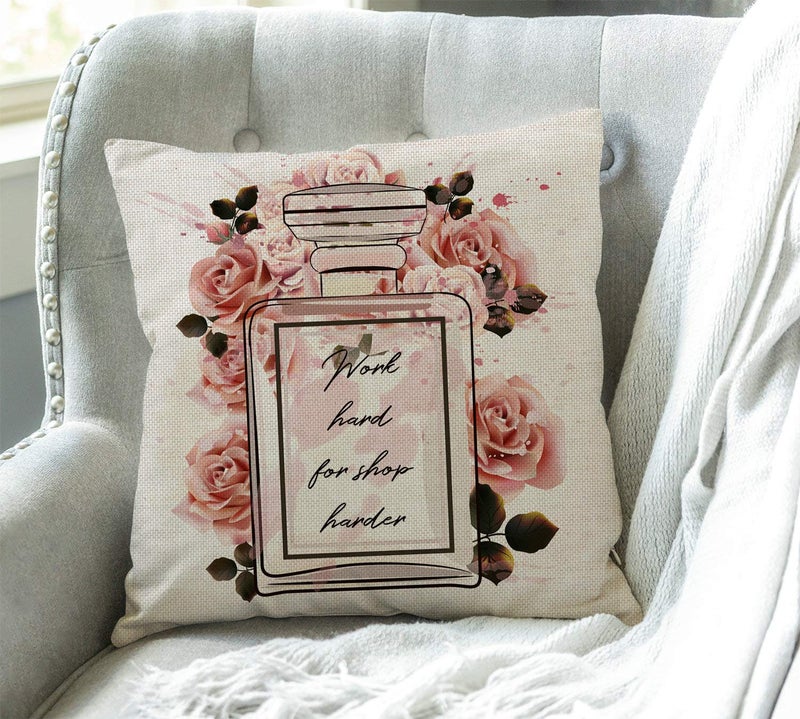 Swono Fashion Floral Throw Pillow Cover Pink Perfume Glass Bottle and Roses in Watercolor Style Farmhouse Cushion Case for Sofa Couch 18x18 Inches Cotton Linen - Image 3