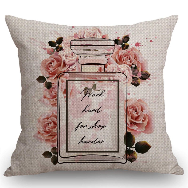 Swono Fashion Floral Throw Pillow Cover Pink Perfume Glass Bottle and Roses in Watercolor Style Farmhouse Cushion Case for Sofa Couch 18x18 Inches Cotton Linen - Image 5