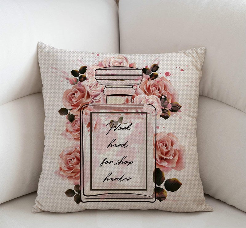 Swono Fashion Floral Throw Pillow Cover Pink Perfume Glass Bottle and Roses in Watercolor Style Farmhouse Cushion Case for Sofa Couch 18x18 Inches Cotton Linen - Image 2