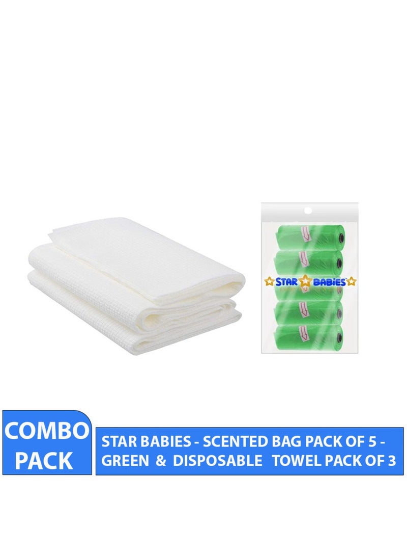 STAR BABiES Combo Pack Scented Bag Pack Of 5 With Dispsoable Towel Pack Of 3   Green - Image 2