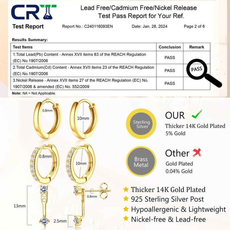 MILACOLATO 925 Sterling Silver Earrings for Women, 14K Gold Plated Small Huggie Hoop Earrings Sets for Multiple Piercing Hypoallergenic Jewelry, CZ Cartilage Earrings Stacks Trendy Jewelry Gifts, 3 Pairs-D - Image 5