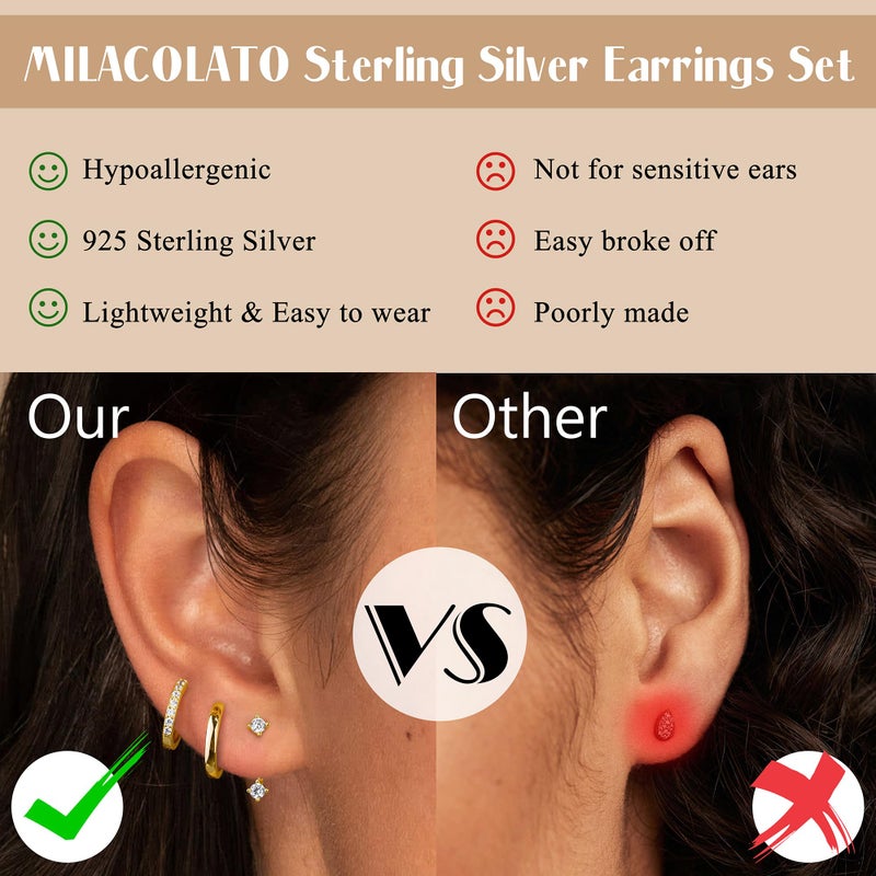 MILACOLATO 925 Sterling Silver Earrings for Women, 14K Gold Plated Small Huggie Hoop Earrings Sets for Multiple Piercing Hypoallergenic Jewelry, CZ Cartilage Earrings Stacks Trendy Jewelry Gifts, 3 Pairs-D - Image 4