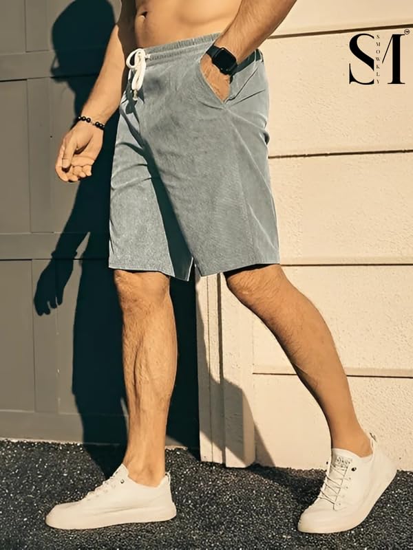 SMOWKLY Men's Premium Polycotton Casual Ribbed Shorts || Elastic & Drawstring Waist with 2 Pocket || Loose Fit Lightweight Burmuda Perfect for Workout, Beach & Summer ||Shorts Pant for Men - Image 3
