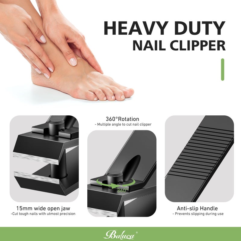 Baluca Heavy Duty Straight Blade Nail Clippers for Thick Toenails, Professional Stainless Steel Fingernail Toenail Clippers Trimmers - Thick Wide Jaw Toe Nail Clippings for Seniors, Men & Women (Black) - Image 3