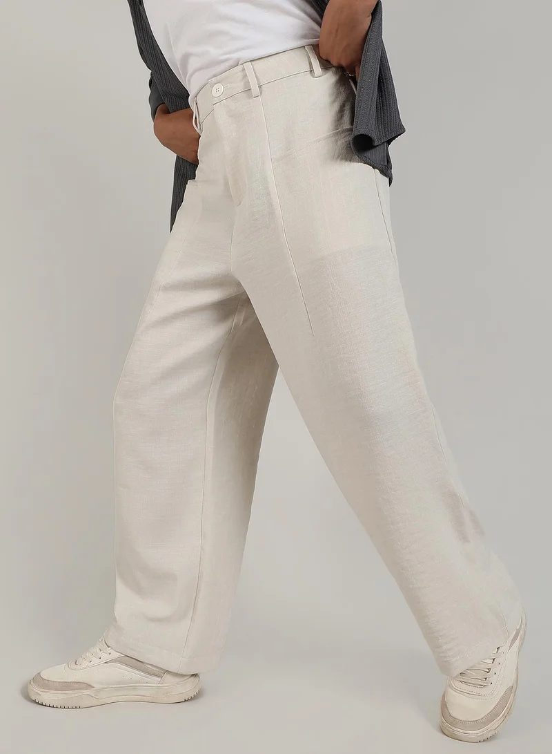 Campus Sutra Men's Off-White Tailored Linen-Blend Trousers