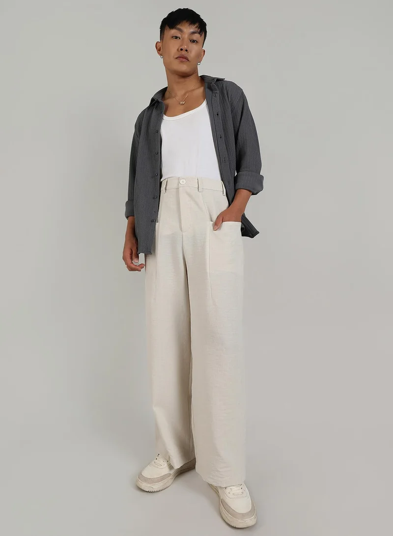 Campus Sutra Men's Off-White Tailored Linen-Blend Trousers