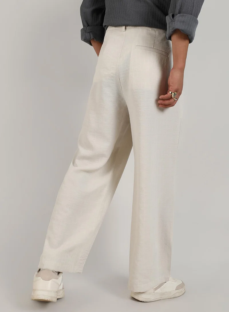 Campus Sutra Men's Off-White Tailored Linen-Blend Trousers