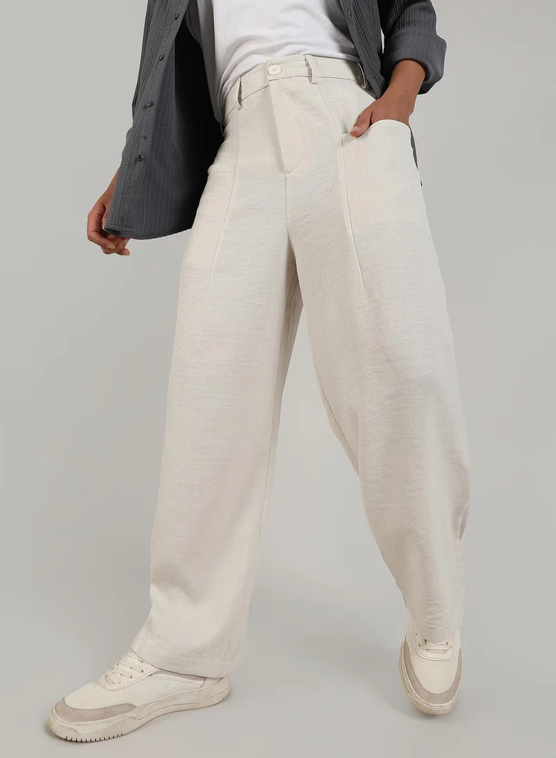 Campus Sutra Men's Off-White Tailored Linen-Blend Trousers