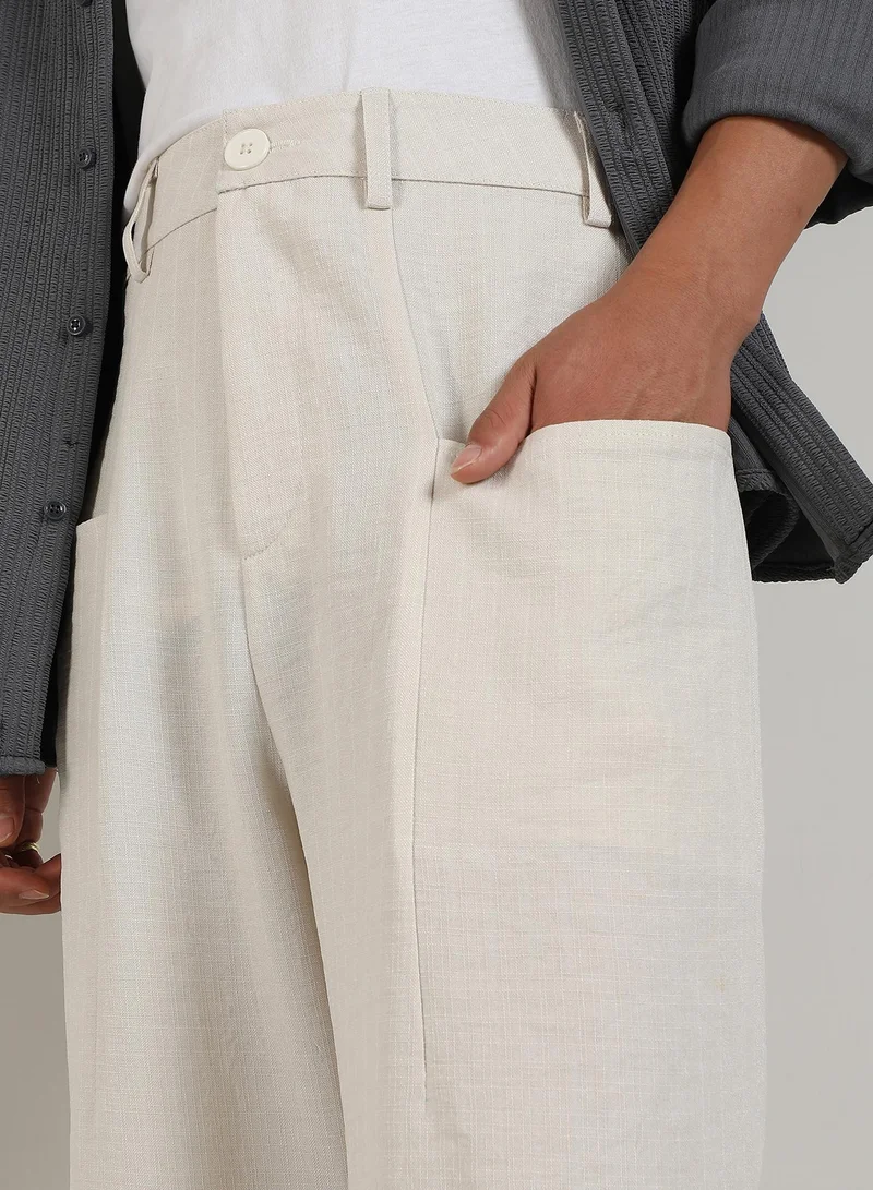 Campus Sutra Men's Off-White Tailored Linen-Blend Trousers