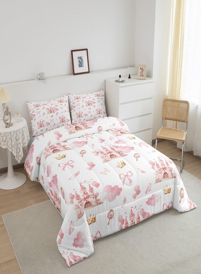Feelyou Kids Pink Castle Duvet Insert Twin Size, Cute Bowknot Comforter Set Boys Girls Girls Dreamy House Bedding Set Fairytale Teens Bedroom Decor Bed Set 2Pcs - Image 3