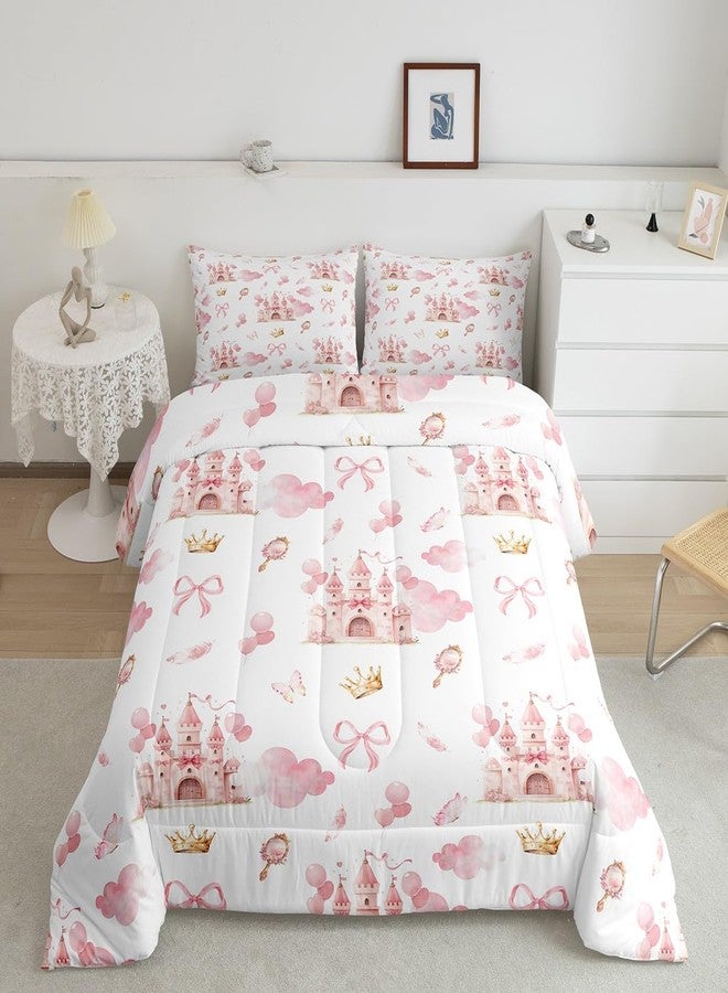 Feelyou Kids Pink Castle Duvet Insert Twin Size, Cute Bowknot Comforter Set Boys Girls Girls Dreamy House Bedding Set Fairytale Teens Bedroom Decor Bed Set 2Pcs - Image 2