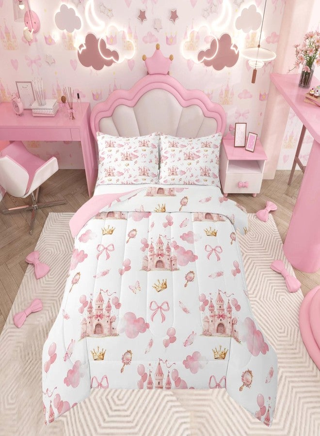 Feelyou Kids Pink Castle Duvet Insert Twin Size, Cute Bowknot Comforter Set Boys Girls Girls Dreamy House Bedding Set Fairytale Teens Bedroom Decor Bed Set 2Pcs - Image 1