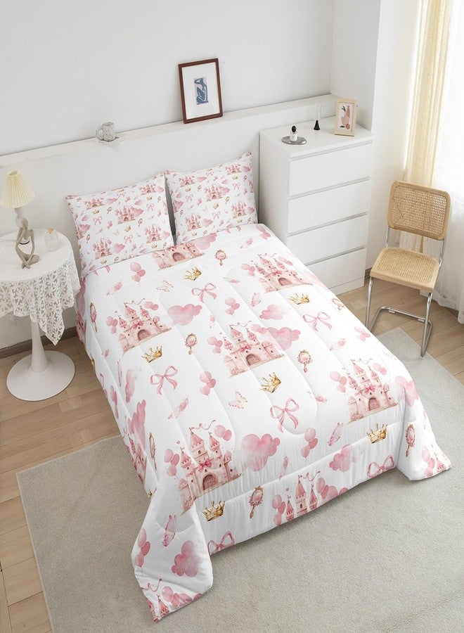 Feelyou Kids Pink Castle Duvet Insert Twin Size, Cute Bowknot Comforter Set Boys Girls Girls Dreamy House Bedding Set Fairytale Teens Bedroom Decor Bed Set 2Pcs - Image 4