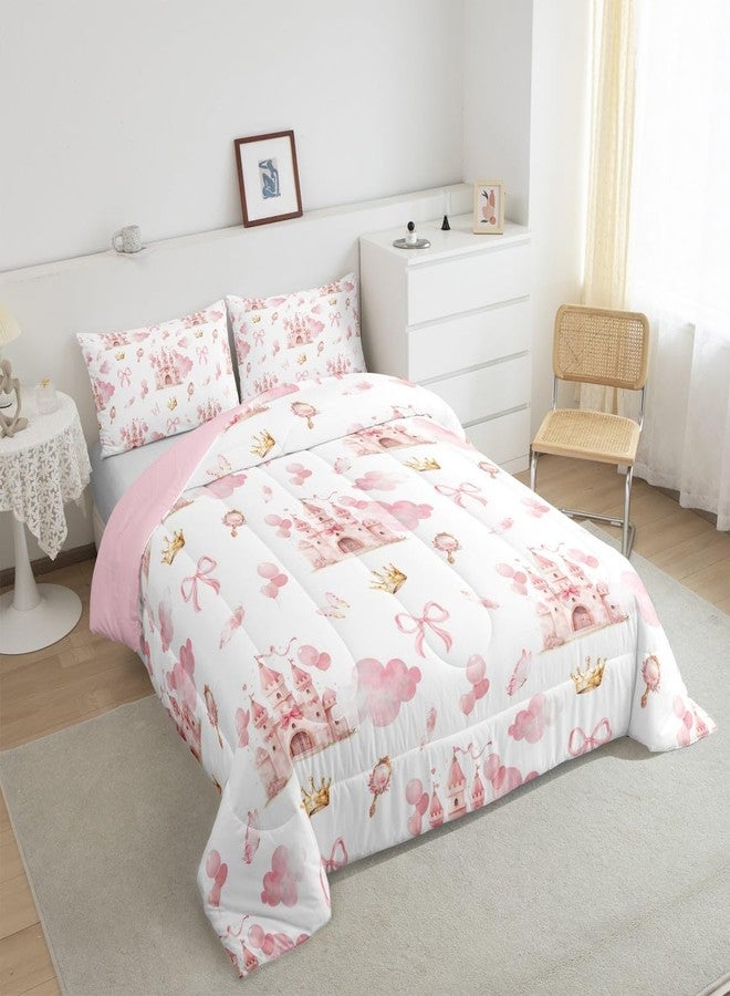 Feelyou Kids Pink Castle Duvet Insert Twin Size, Cute Bowknot Comforter Set Boys Girls Girls Dreamy House Bedding Set Fairytale Teens Bedroom Decor Bed Set 2Pcs - Image 5