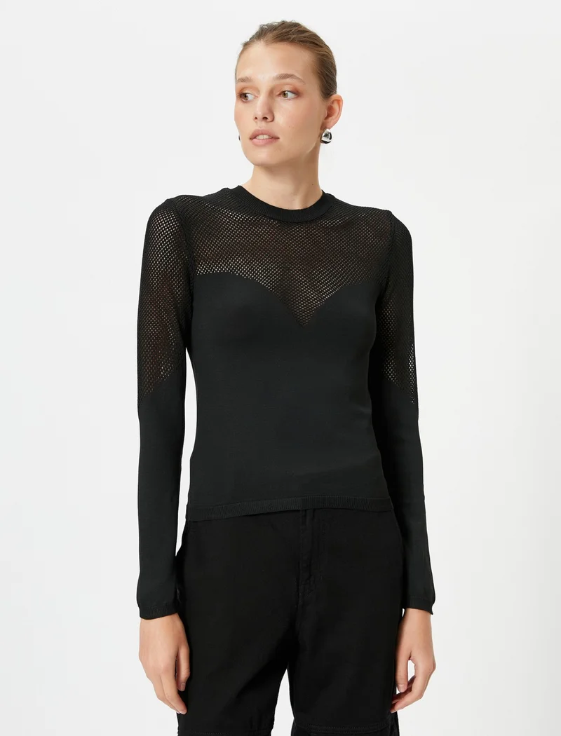 كوتون Knitwear Sweater Crew Neck Mesh Detailed Long Sleeve