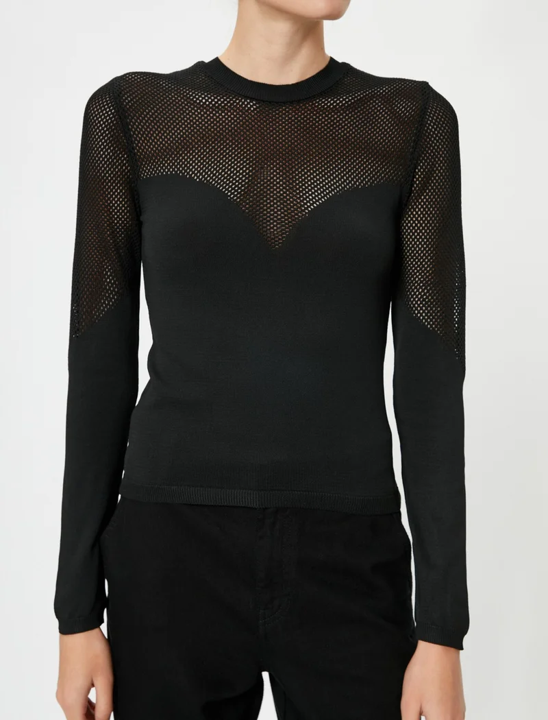 كوتون Knitwear Sweater Crew Neck Mesh Detailed Long Sleeve