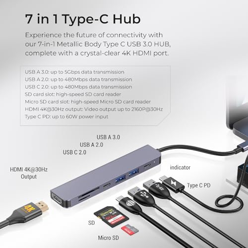 Digitek® (DUH 007) Metallic Body 7-in-1 Type C USB 3.0 Hub, SD, Micro SD Reader & 4K HDMI, 5Gbps High Speed Data Transfer, USB Splitter for Laptop, Wide Compatibility with Windows, Mac, Mobile HDD - Image 5