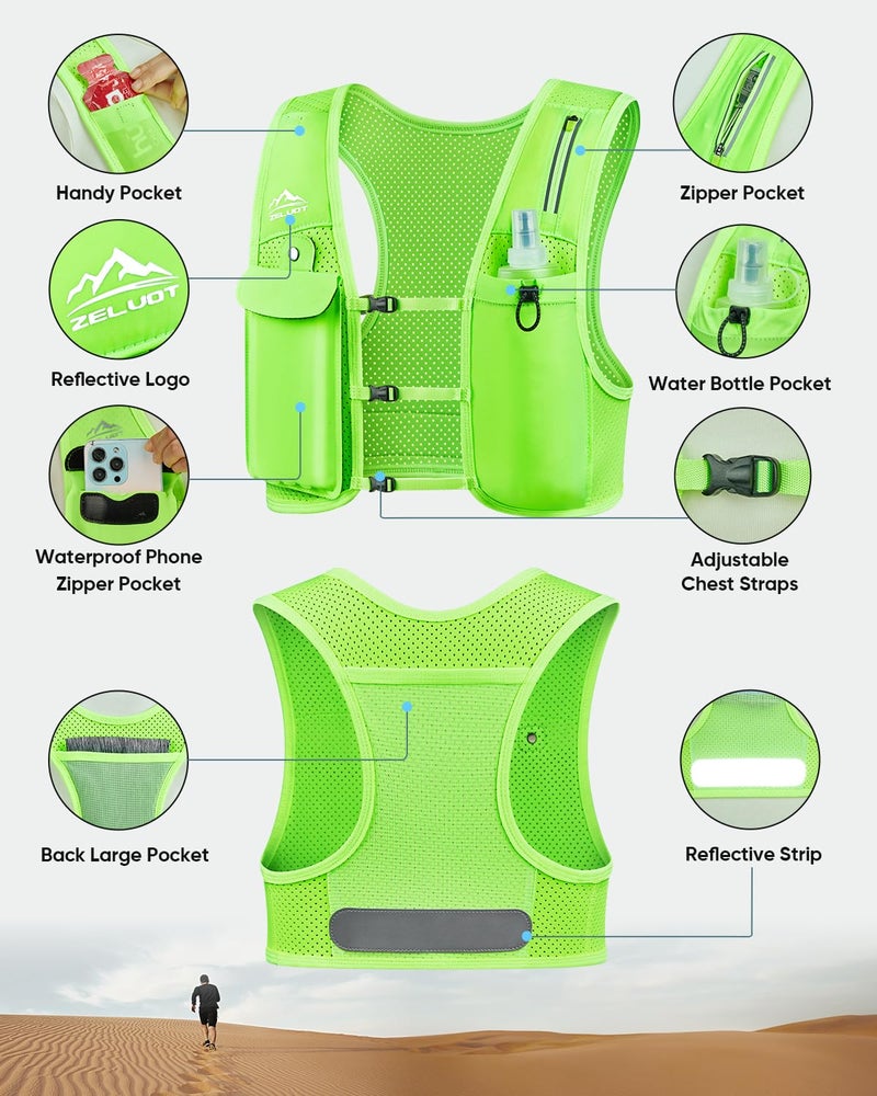 Zelvot Running Vest for Women Men, USA Original Patent, Adjustable Chest Straps Running Hydration Vest with 500ml Soft Flask, Lightweight Breathable Reflective Hydration Backpack (Neon Green, M/L) - Image 5