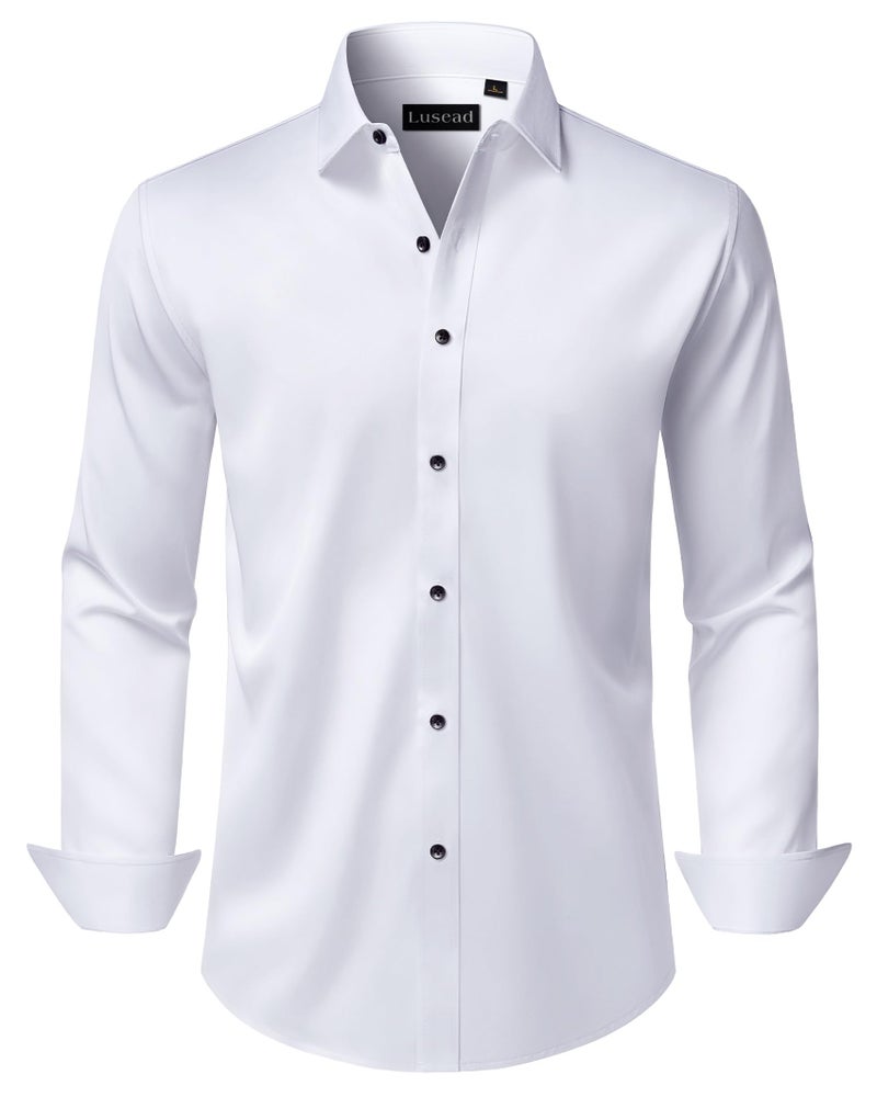 Lusead Mens White Tuxedo Long Sleeve Shirts Slim Fit Wrinkle Free Stretch Formal Button Down Wedding Shirt - Image 1