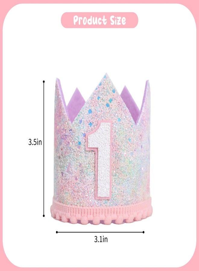 YOUAME Baby Girl First Birthday Crown - Pastel Rainbow 1st BirthdayDecors, Rainbow Themed Cake Smash Party Hat,Pastel Glitter Mini Crown,Sweet Photo Props For Girls - Image 2