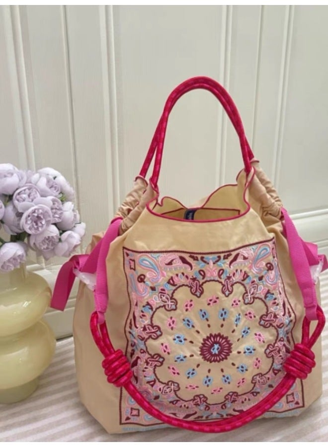 Fashionable Summer Japanese Style Ball Chain Embroidery Large Capacity Women's Shoulder Bag Trendy Crossbody Bag For Motorcycle-Color:Beige Cashew Flower-Size:Medium - Image 1