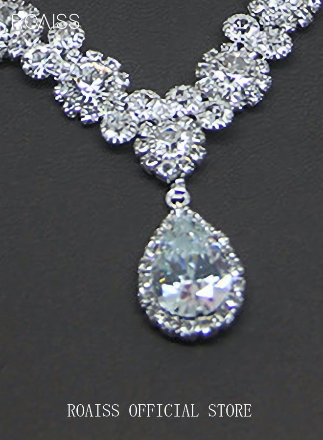 roaiss Women's 2-Piece Crystal Jewelry Set, Stylish and Elegant Teardrop Pendant Necklace, Floral Pattern Chain, Zirconia Earrings, Minimalist Gift Perfect for Mothers, Wives, Weddings, Parties, Silver Style - Image 3