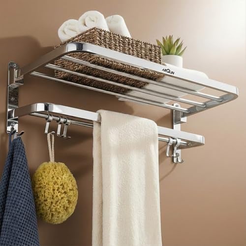 ARQUIN Dual Folding Towel Rack for Bathroom | 304 Grade Stainless Steel Towel Stand for Bathroom | 24 Inch Wall Mounted Dual Folding Towel Holder | Cloth Hanger for Bathroom - Image 1