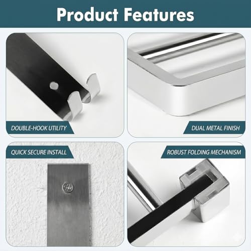 ARQUIN Dual Folding Towel Rack for Bathroom | 304 Grade Stainless Steel Towel Stand for Bathroom | 24 Inch Wall Mounted Dual Folding Towel Holder | Cloth Hanger for Bathroom - Image 5