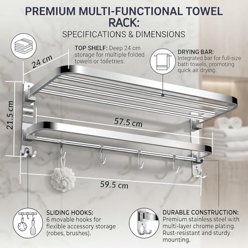 ARQUIN Dual Folding Towel Rack for Bathroom | 304 Grade Stainless Steel Towel Stand for Bathroom | 24 Inch Wall Mounted Dual Folding Towel Holder | Cloth Hanger for Bathroom - Image 3